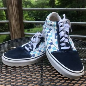 Vans “Off the Wall” Blue checkered with navy faux suede accents . Men’s size 10